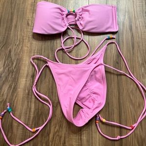 Hot Pink White Fox Swim Bandeau Bikini Set | size: small | never worn | beads